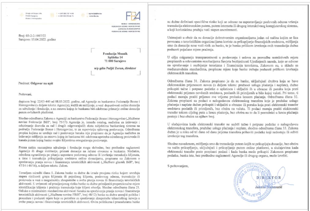Dokument: Pozitivno mišljenje Agencije za bankarstvo Federacije BiH